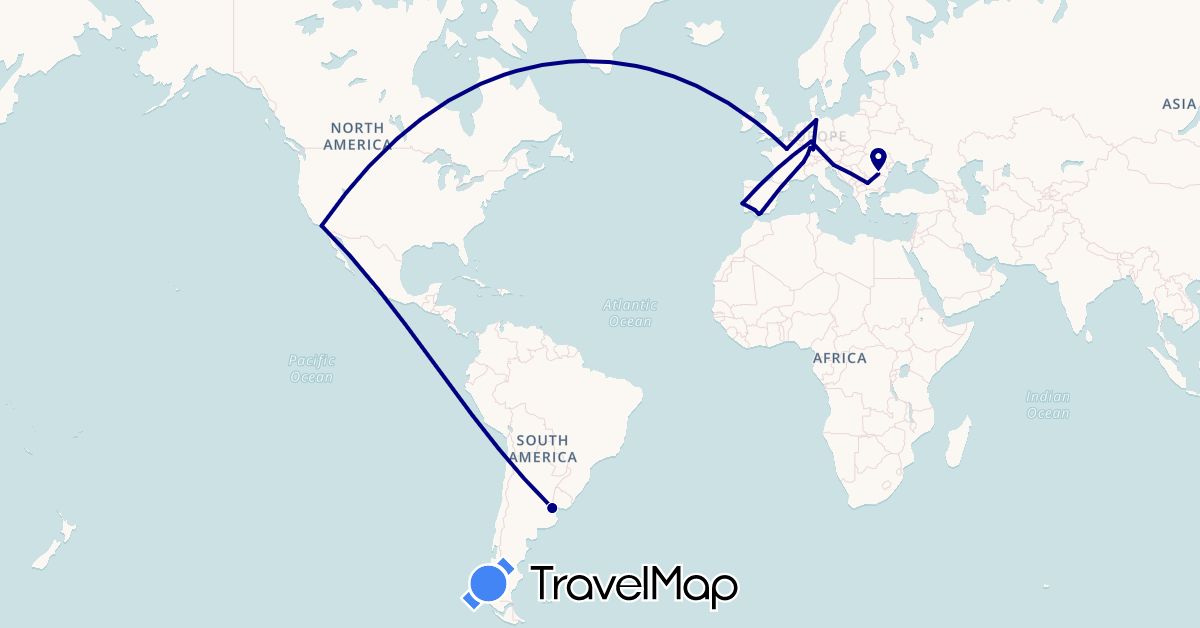 TravelMap itinerary: driving in Argentina, Bulgaria, Switzerland, Germany, Spain, France, Portugal, Romania, Slovenia, United States (Europe, North America, South America)
